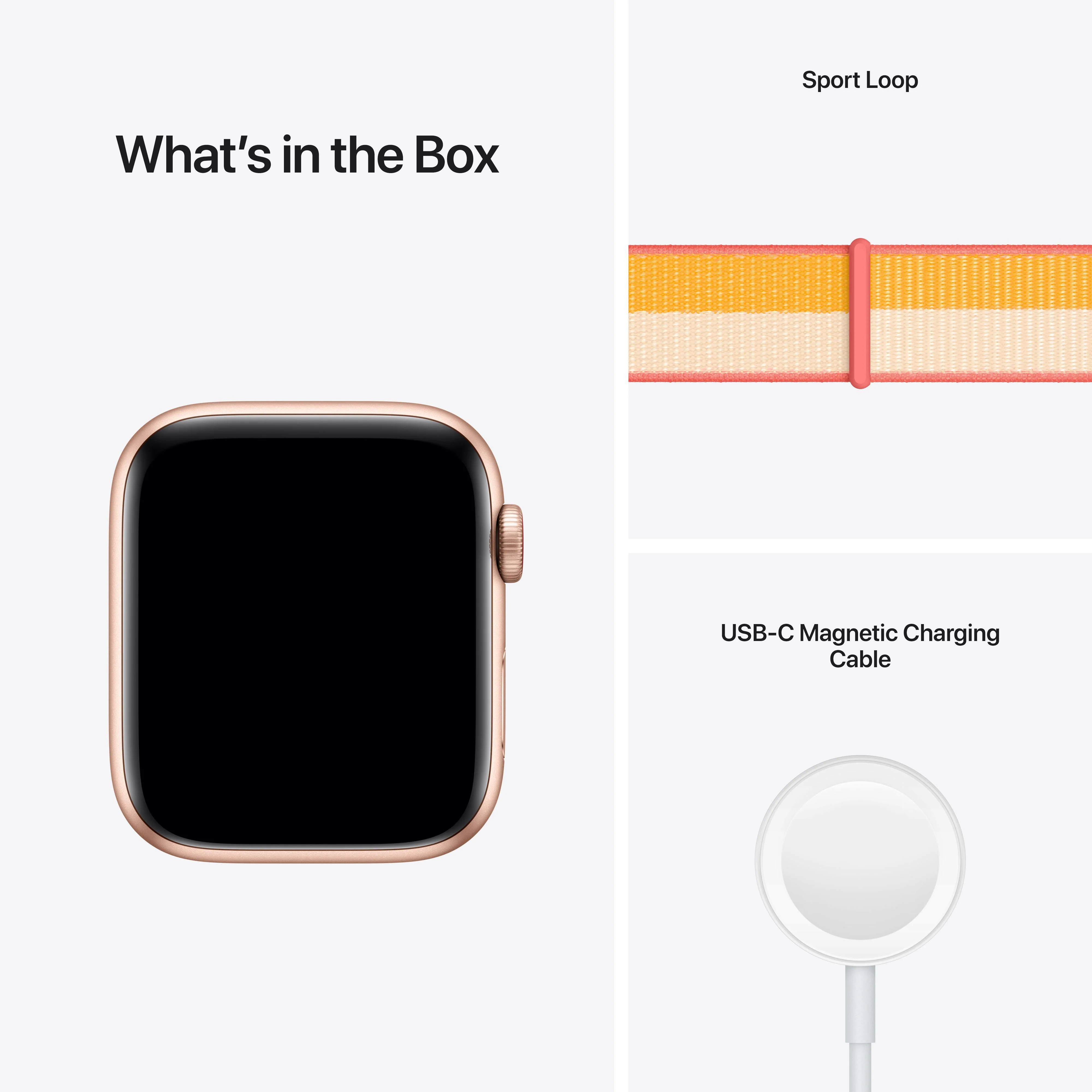 Apple Watch SE (GPS + Cellular) - Caja de aluminio en oro de 44 mm - Correa Loop deportiva en color maíz/blanco - Image 7