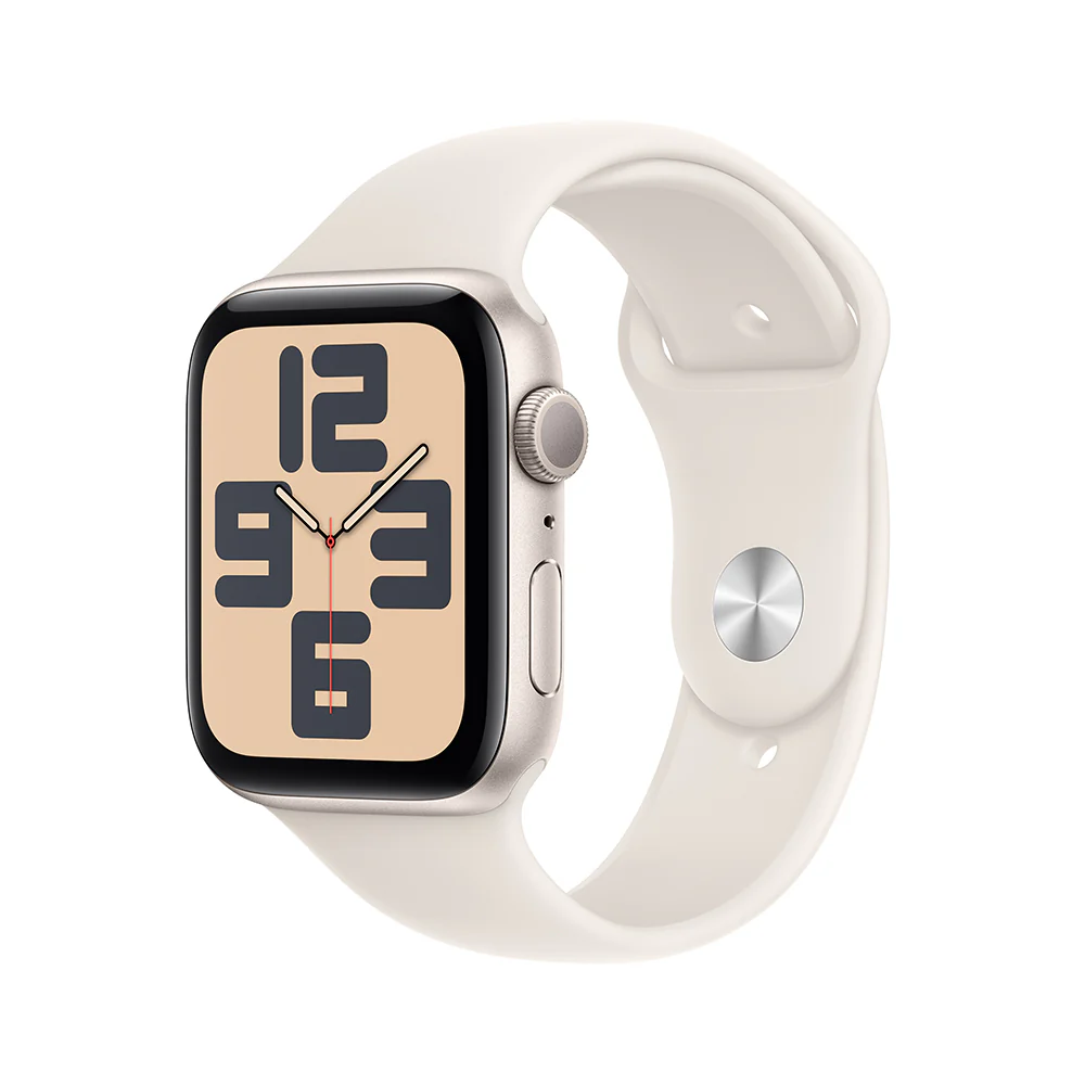 Apple Watch SE GPS • Caja de aluminio blanco estelar de 44 mm • Correa deportiva blanco estelar - M/L