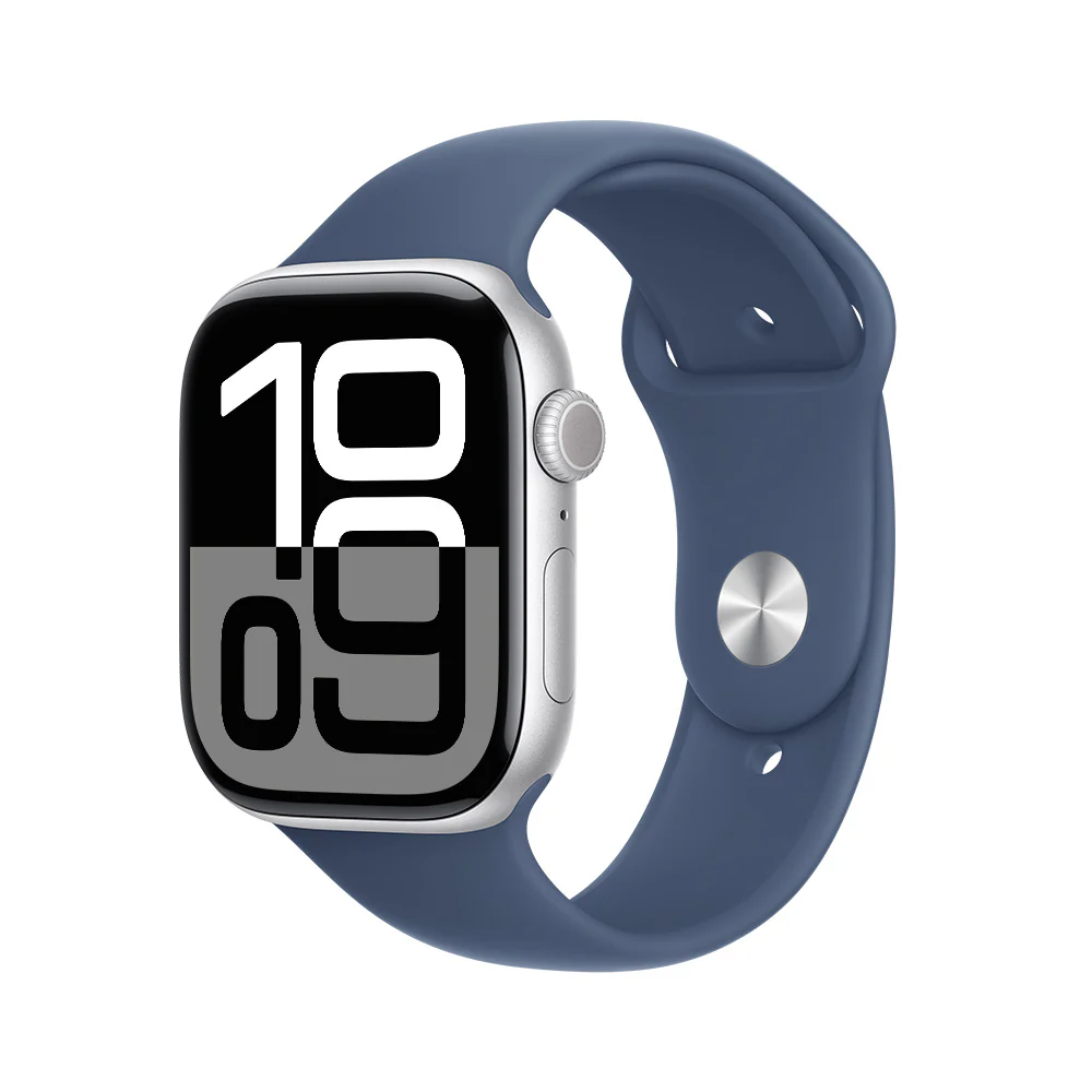 Apple Watch Series 10 GPS • Caja de aluminio color plata de 46 mm • Correa deportiva azul denim - S/M