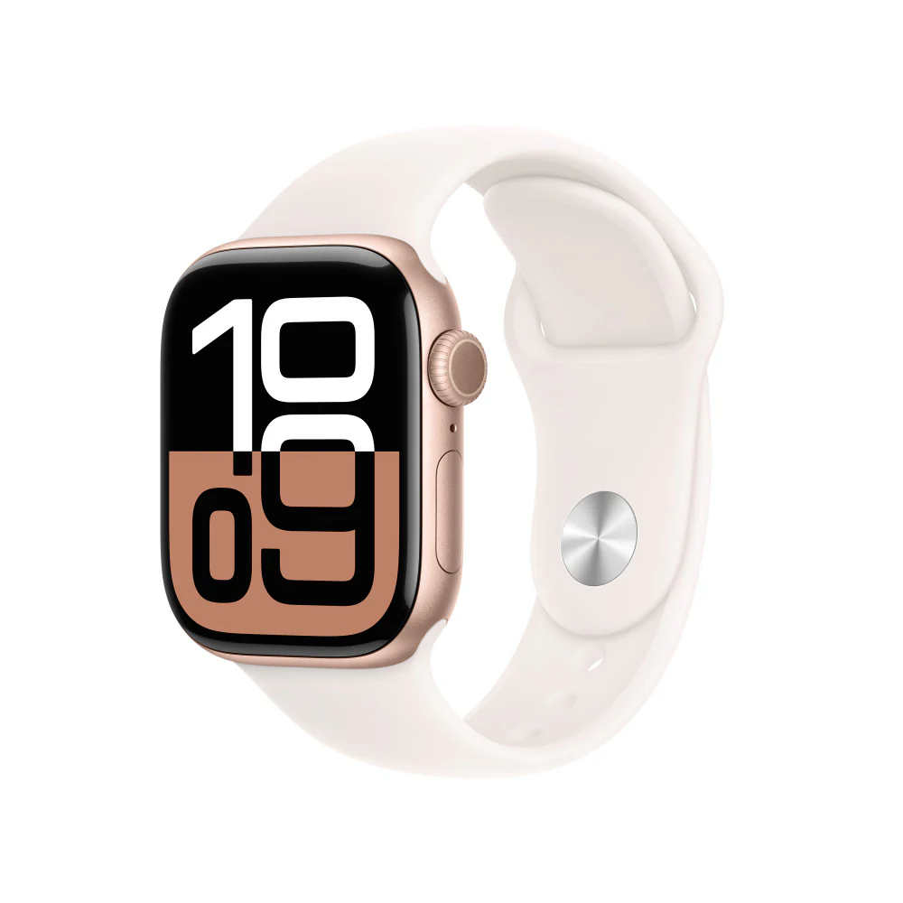 Apple Watch Series 10 GPS + Cellular • Caja de aluminio color oro rosa de 42 mm • Correa deportiva rosa rubor - S/M