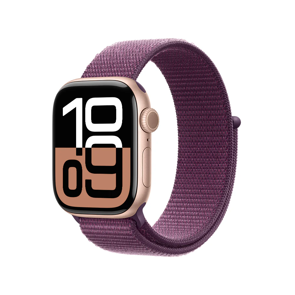 Apple Watch Series 10 GPS • Caja de aluminio color oro rosa de 42 mm • Correa loop deportiva color ciruela