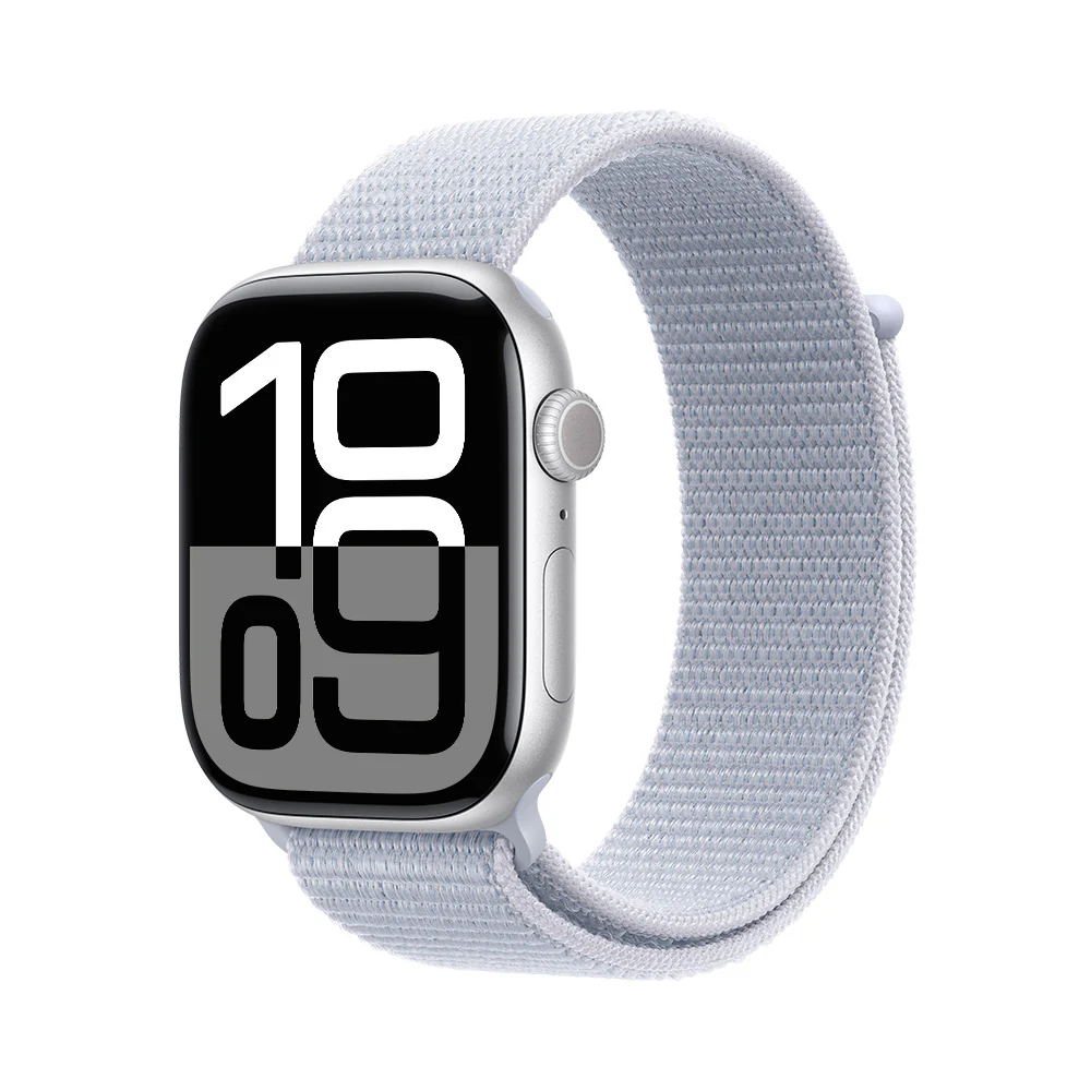 Apple Watch Series 10 GPS • Caja de aluminio color plata de 46 mm • Correa loop deportiva azul nube
