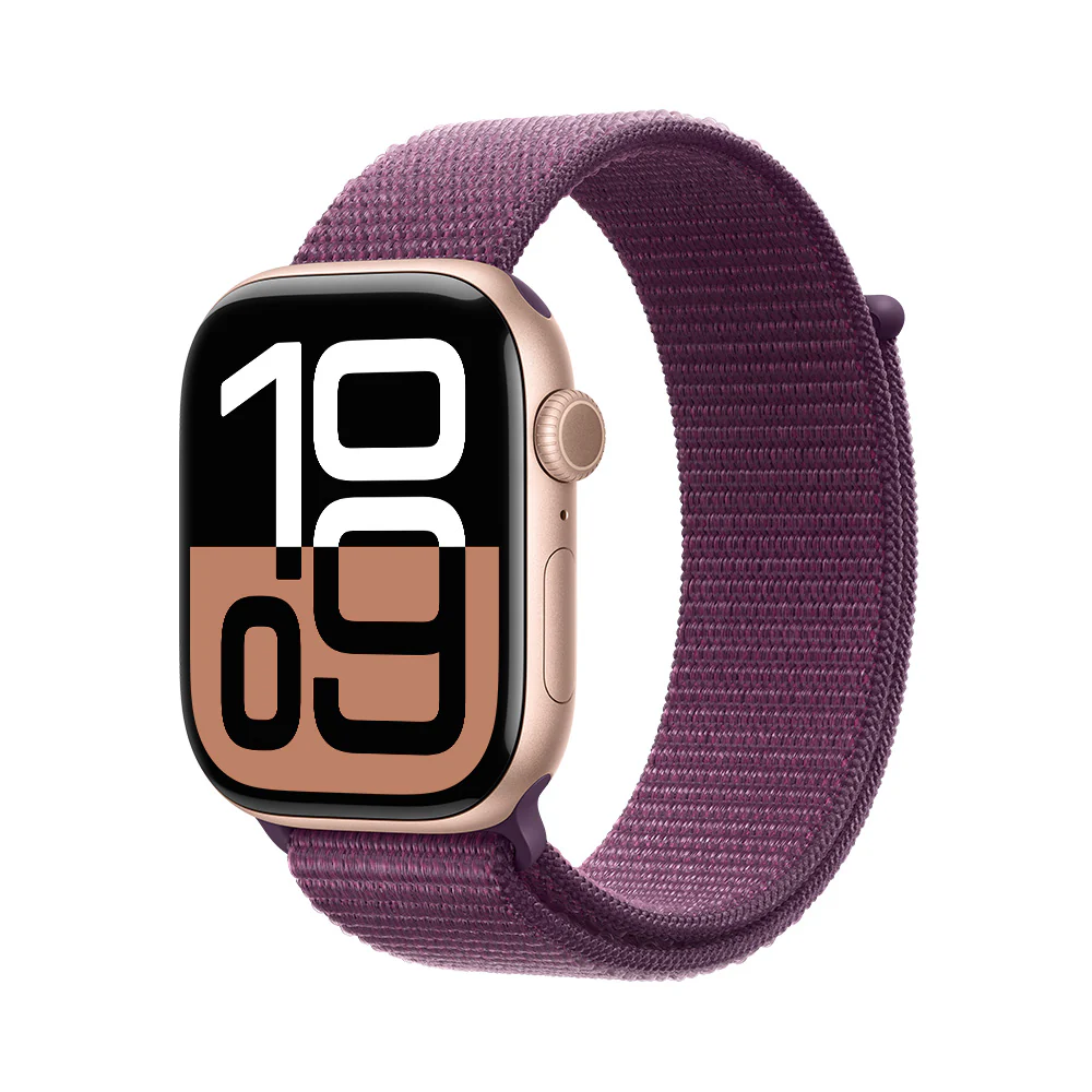 Apple Watch Series 10 GPS • Caja de aluminio color oro rosa de 46 mm • Correa loop deportiva color ciruela