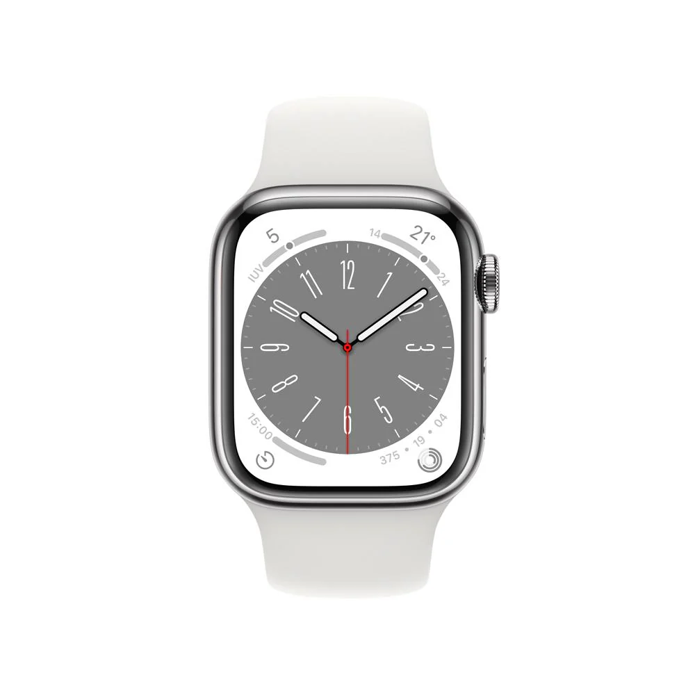 Apple Watch Series 8 (GPS + Cellular) - Caja de acero inoxidable en plata de 41 mm - Correa deportiva blanca - Talla única - Image 2